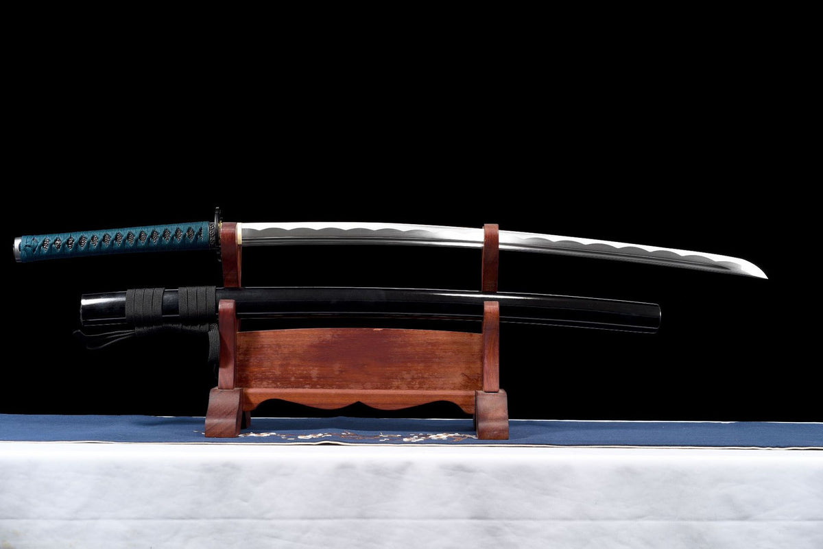 Karahana Katana unsheathed with long bo-hi and decorative wavy blade pattern