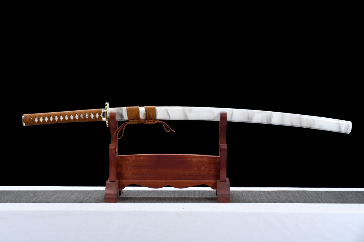 Silver Blossom Katana sheathed in its white lacquered saya