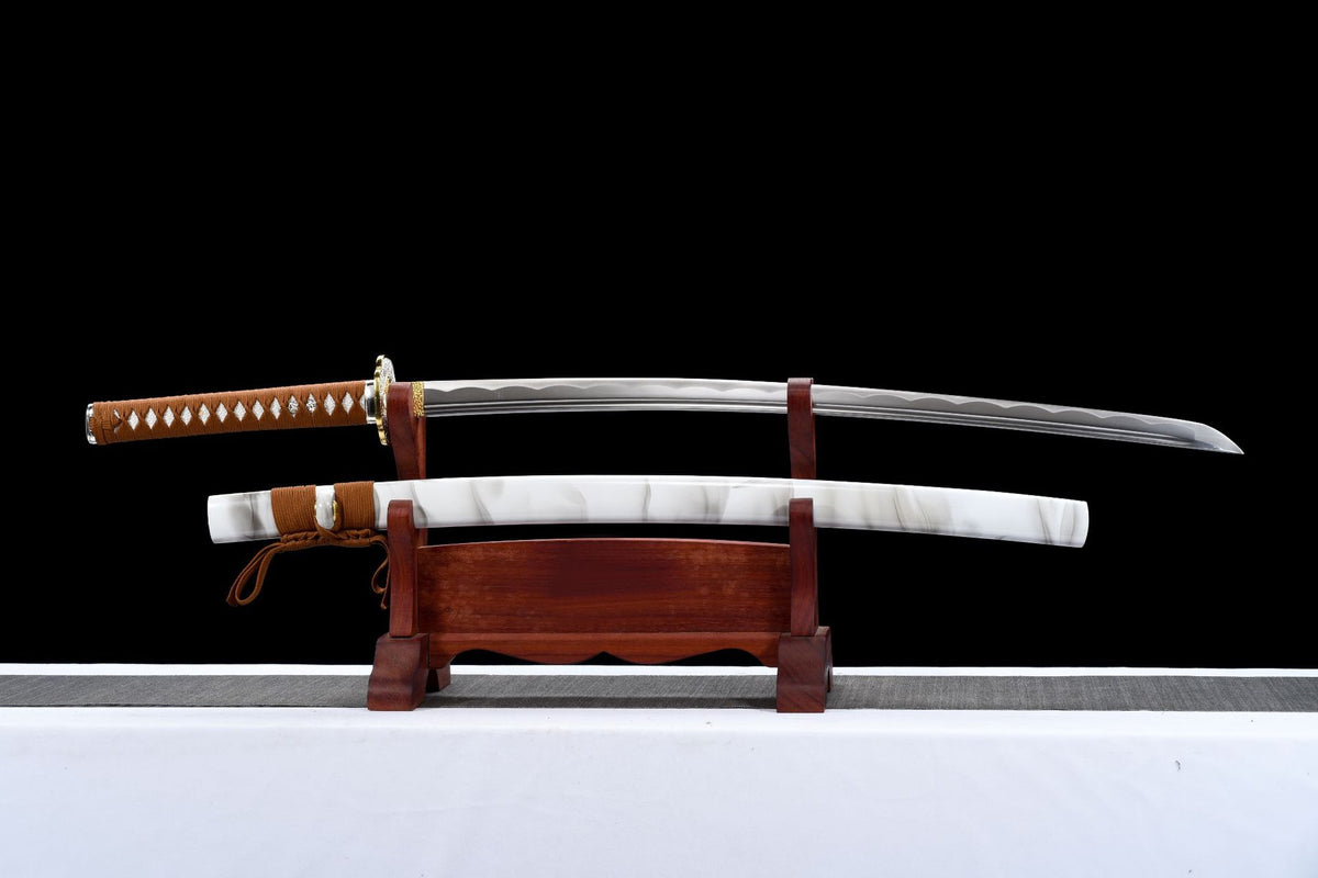Silver Blossom Katana with white marble-pattern saya