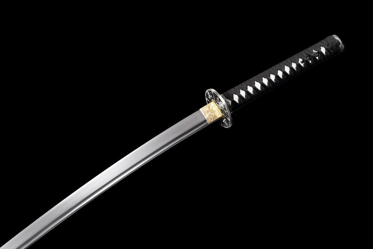 Polished katana blade with black wrapped tsuka