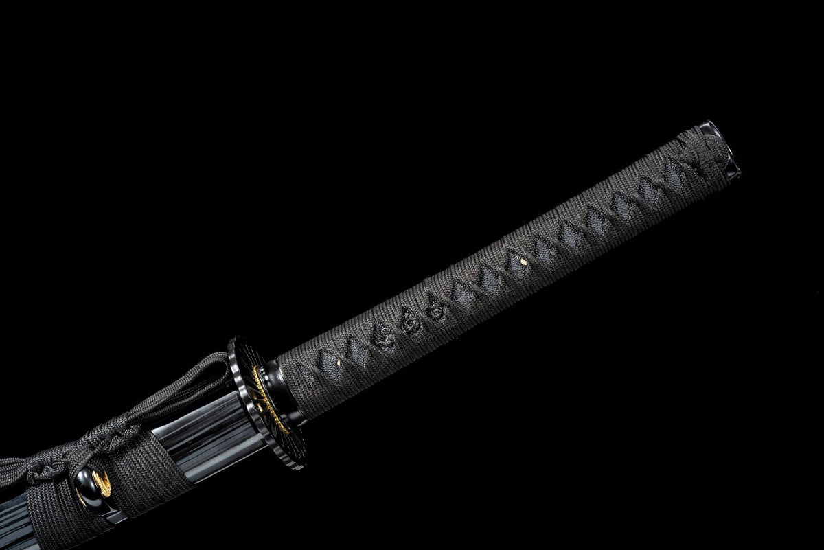 Black tsuka-ito, menuki, and lacquered saya details