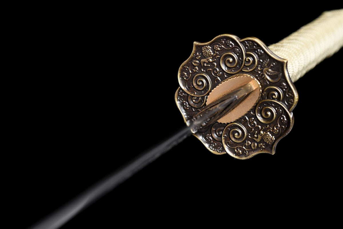 Antiqued floral tsuba detail on Leopard Katana
