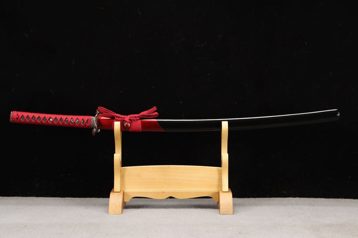 Sheathed Lotus Return Katana with red tsuka and black lacquered saya