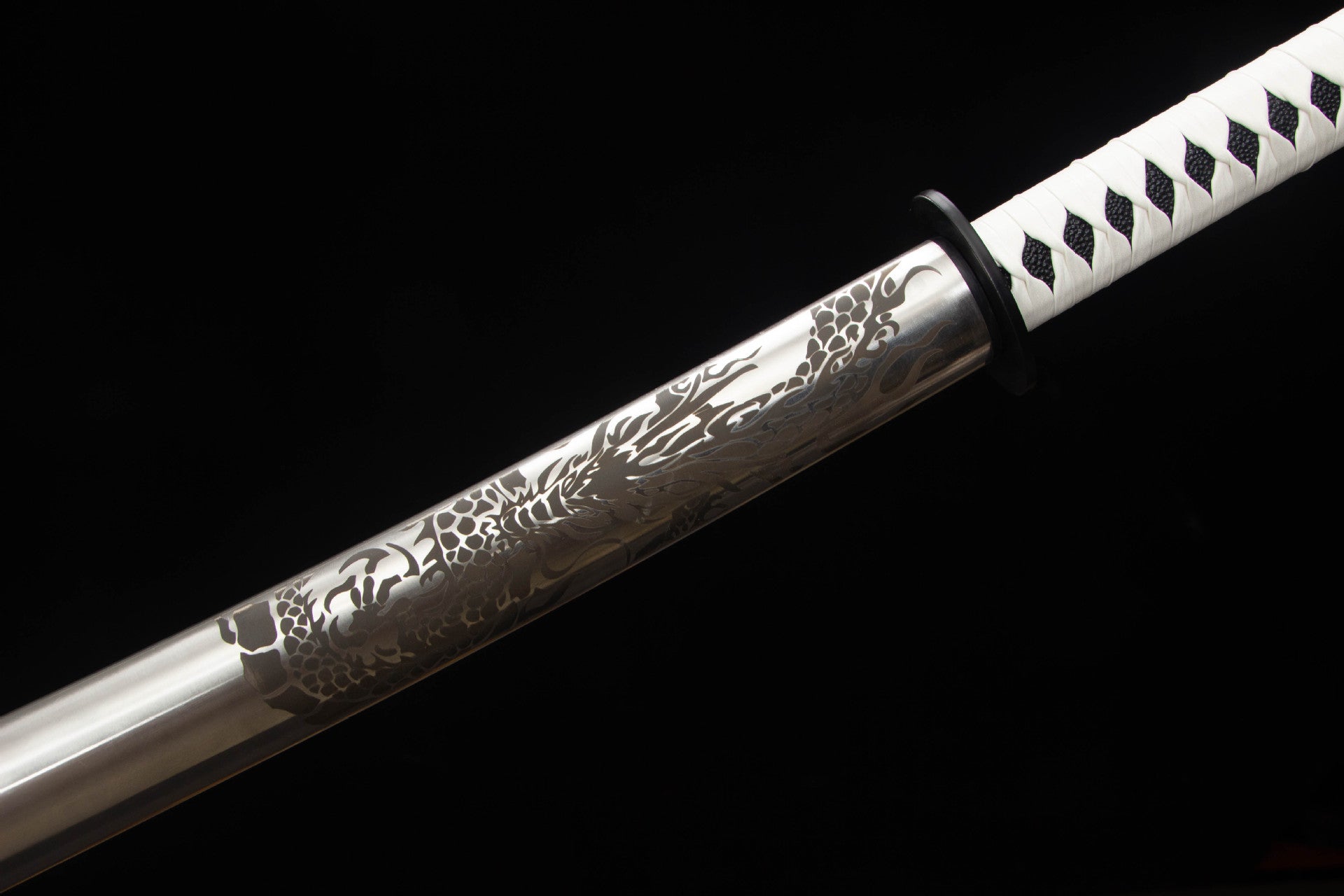 Mirror Dragon Katana silver saya and white handle transition