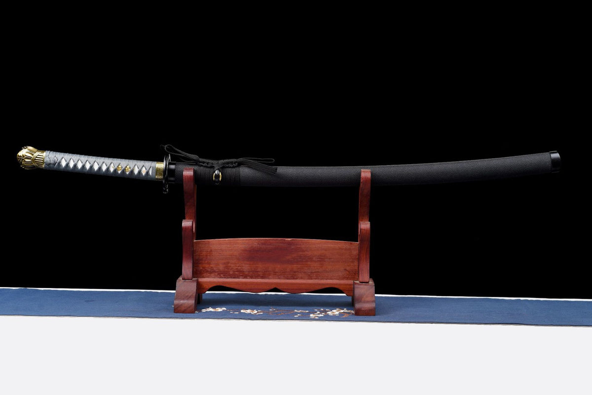 Sheathed Moonlit Veil Katana with gray handle wrap and black PU saya