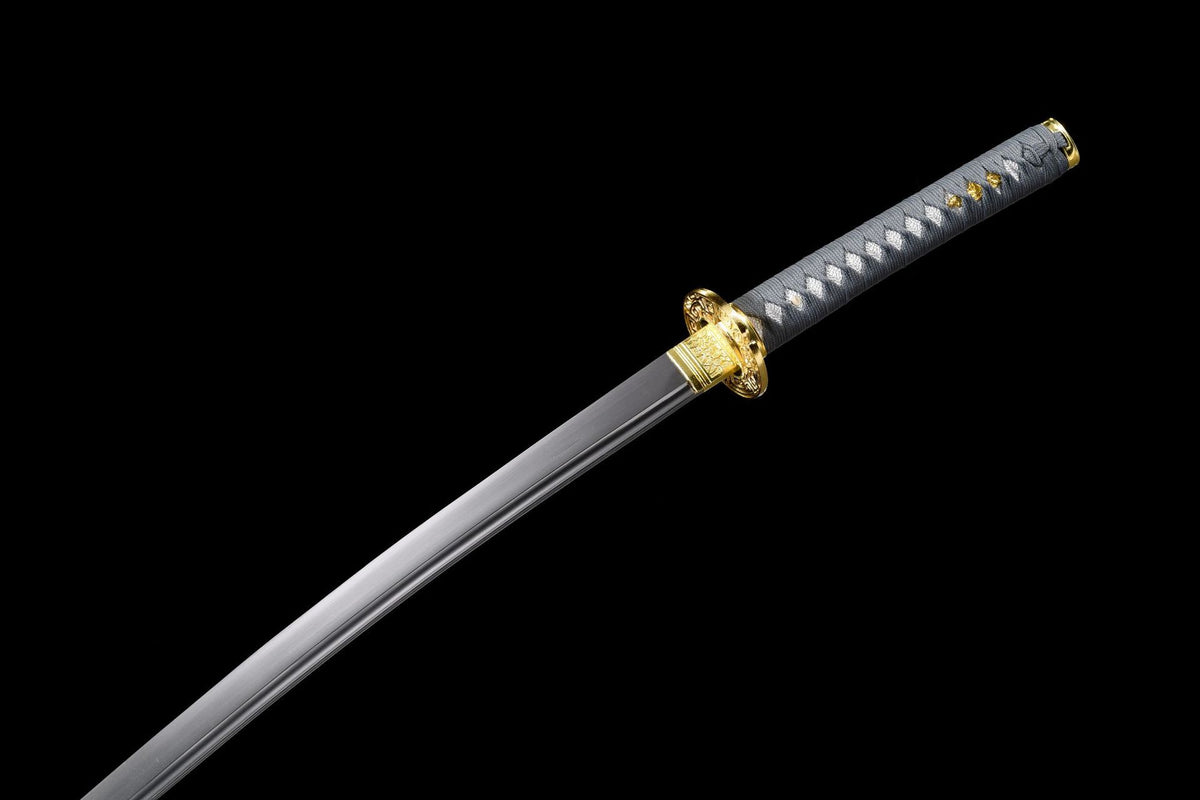Olive Stone Katana blade with continuous bo-hi and gray-wrapped tsuka