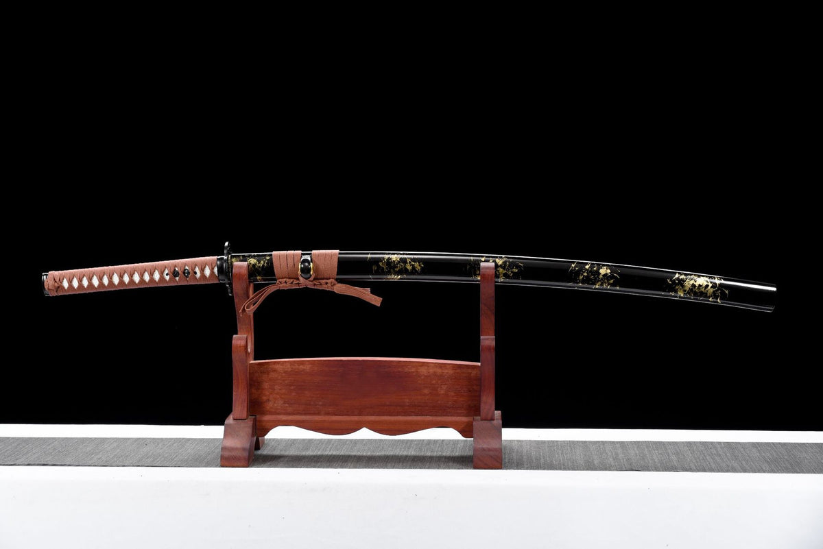 Russet Goldleaf Katana displayed in its gold-flecked black lacquered wood saya