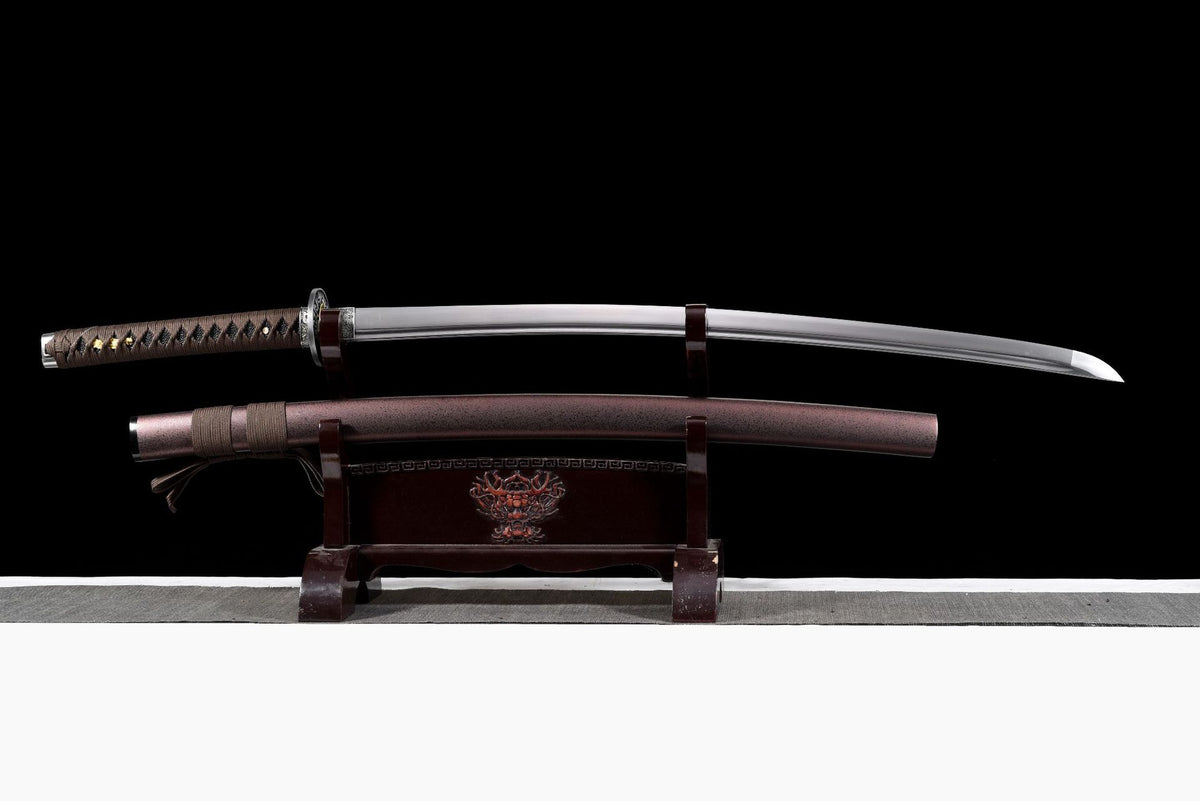 Russet Scroll Katana unsheathed above its speckled russet saya