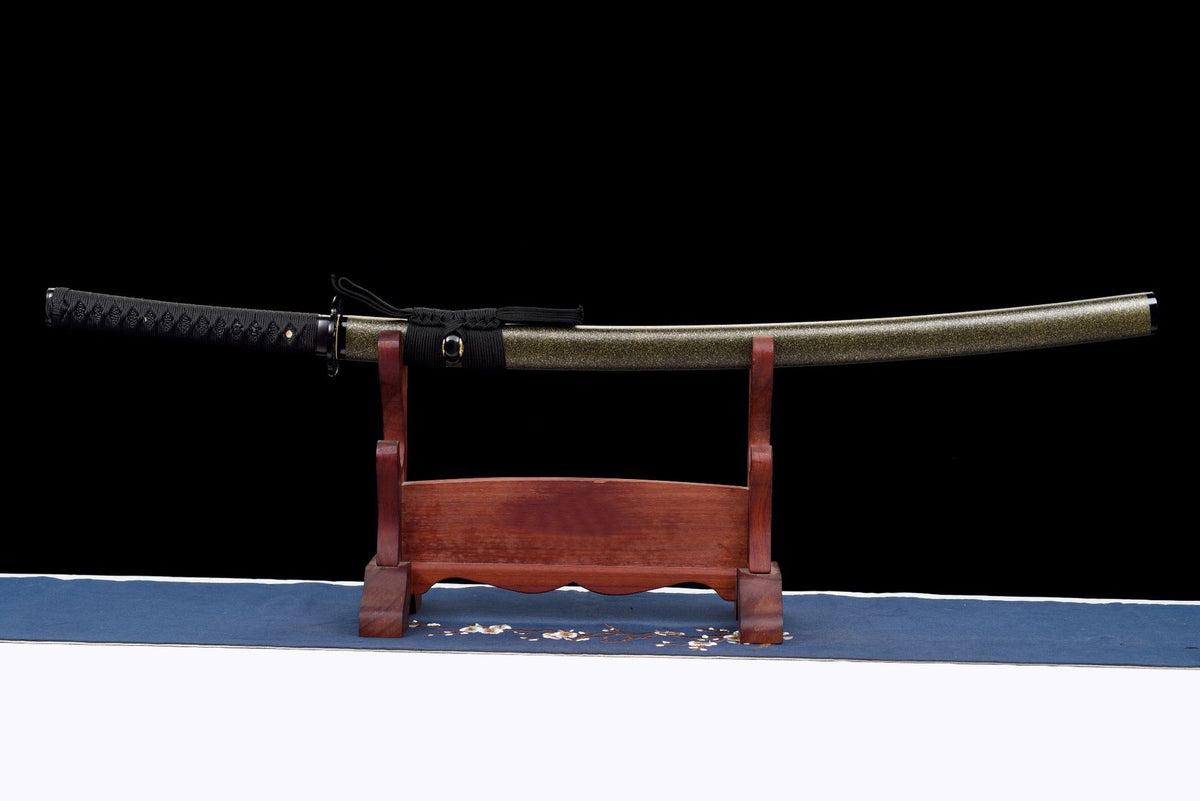 Sheathed Sayagata Katana with black tsuka and gold-speckled wooden saya