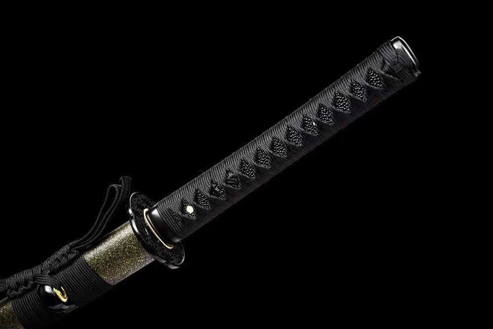 Black wrapped tsuka and mokko-gata tsuba of the Sayagata Katana