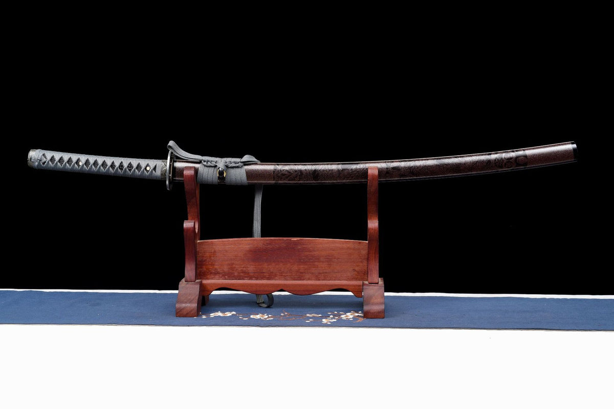 Sheathed Silent Warrior Katana with gray tsuka wrapping and sageo