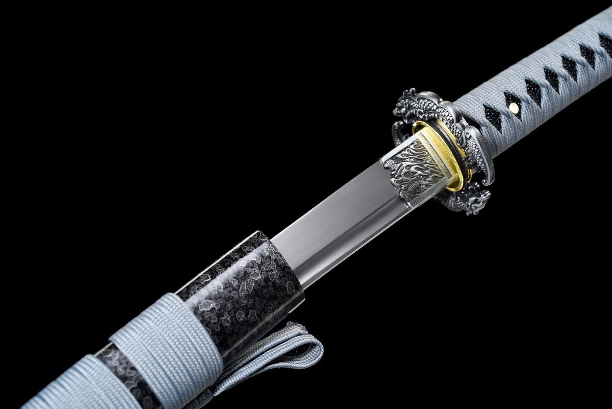Polished blade and black solid-wood saya with silver floral pattern