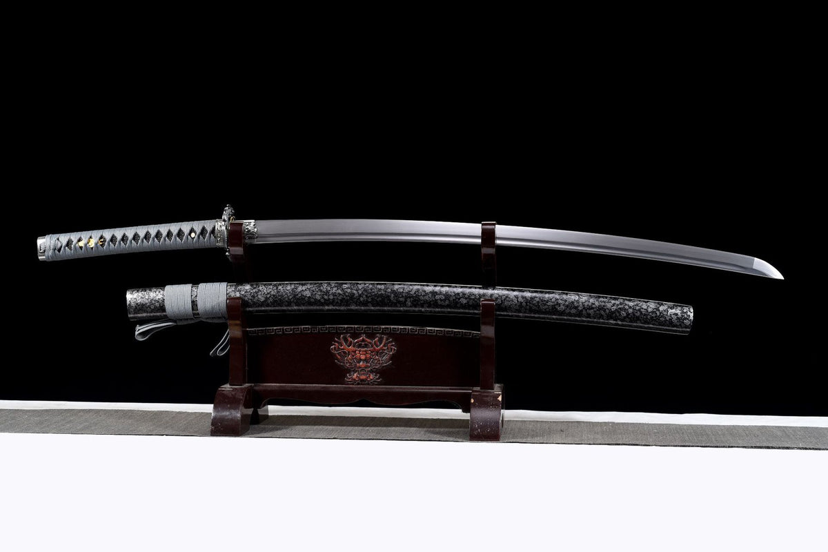 Storm Dragon Katana with quenched 1045 steel blade and black silver-pattern saya