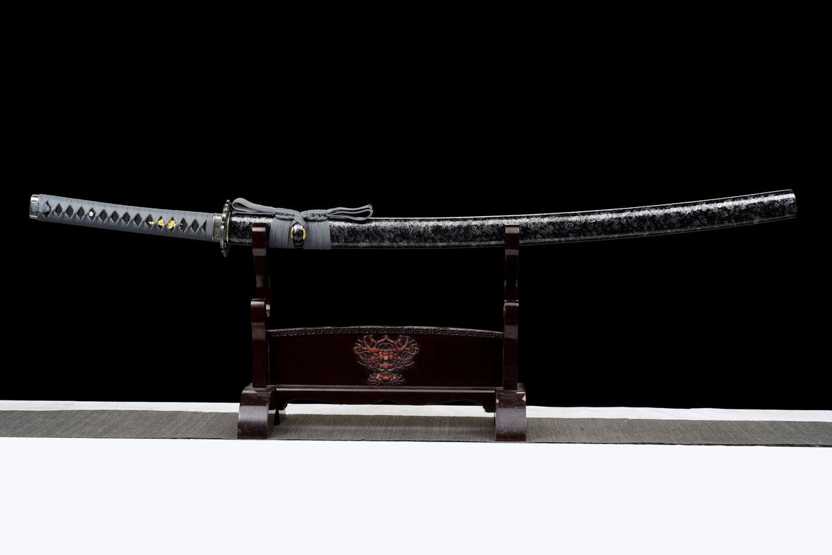 Storm Dragon Katana sheathed in its black silver-pattern saya
