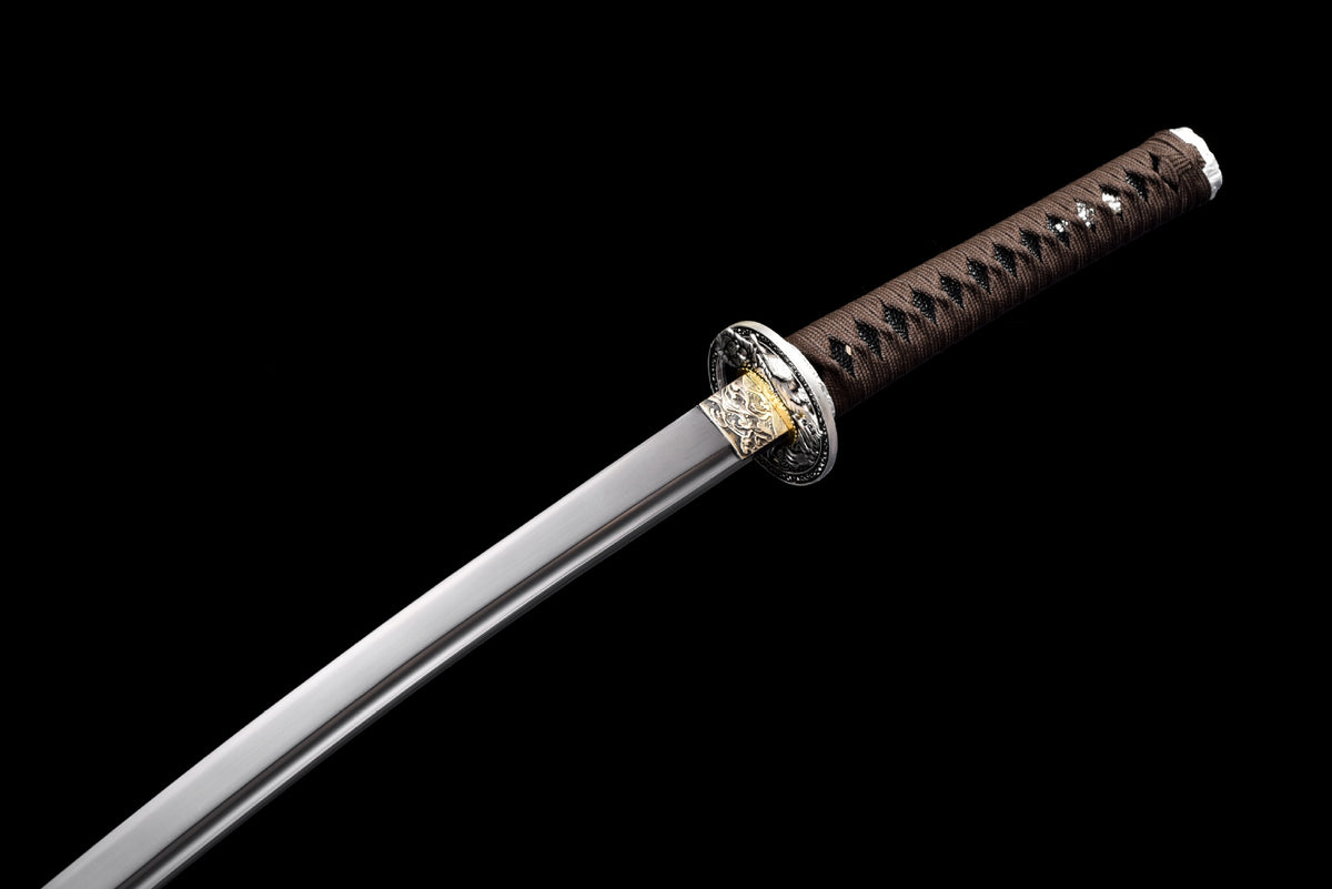 1045 steel blade with long bo-hi and brown wrapped tsuka