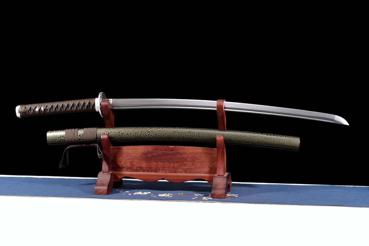 Tiger Grove Katana displayed unsheathed with its crackle-lacquered saya