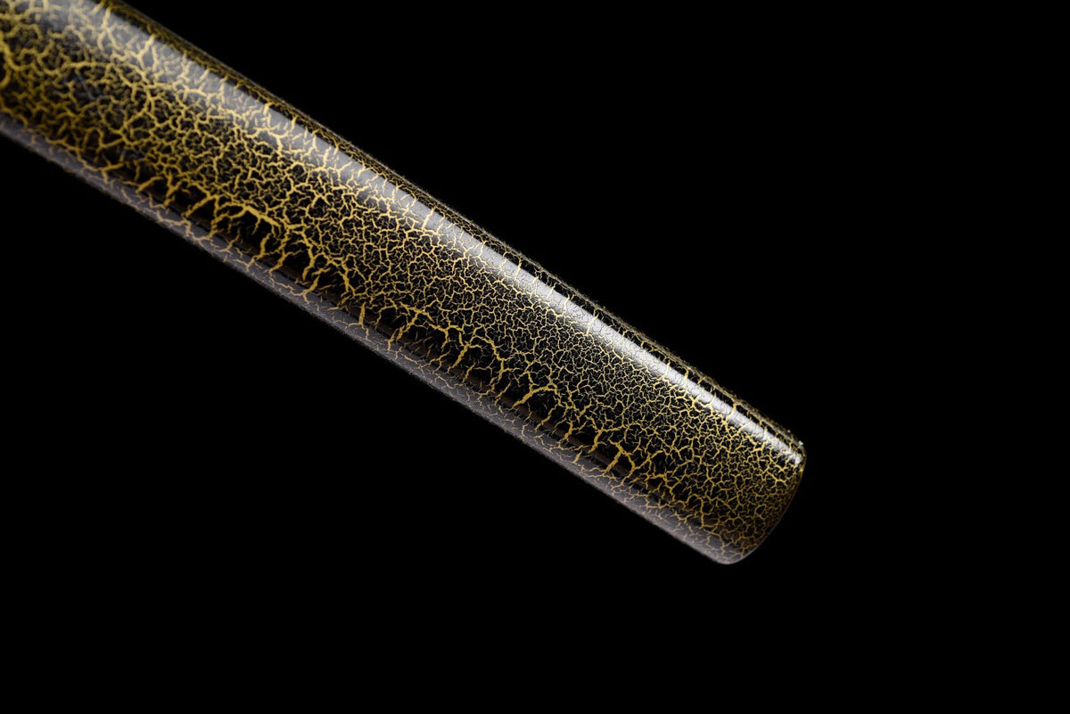 Warm ochre crackle pattern across the black lacquered saya