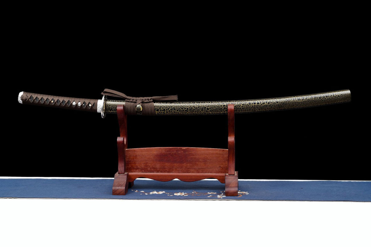 Sheathed Tiger Grove Katana with brown mounting and crackle-lacquered saya