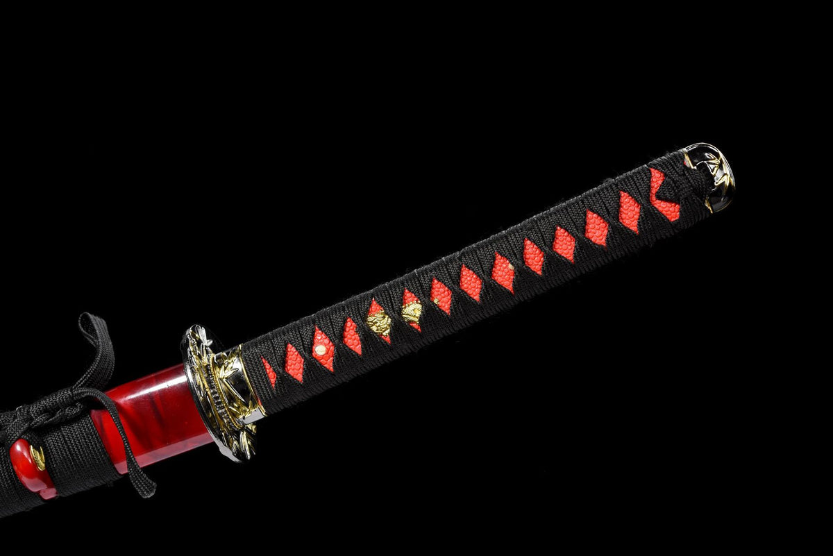 Black cord-wrapped handle with red textured underlayer