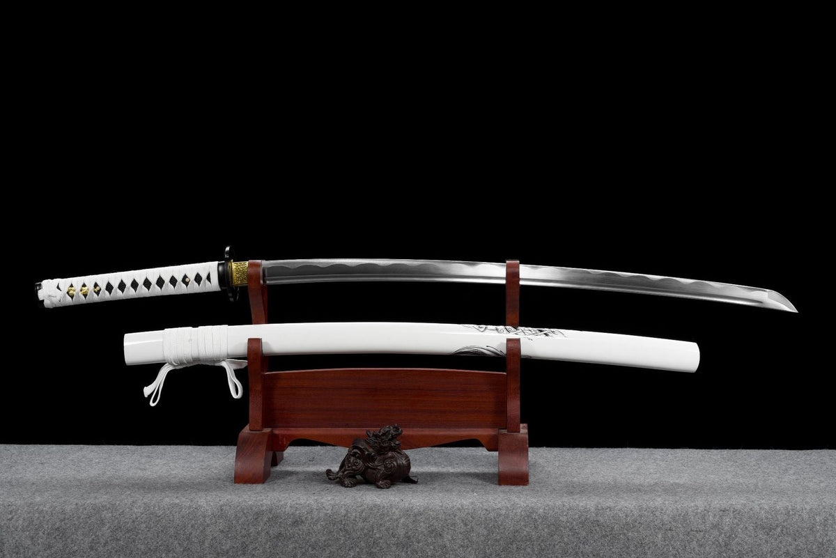 Watch katana with polished blade and white lacquered wood scabbard