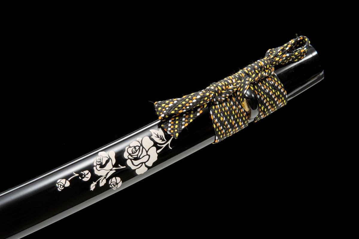 White rose artwork on the black lacquered saya