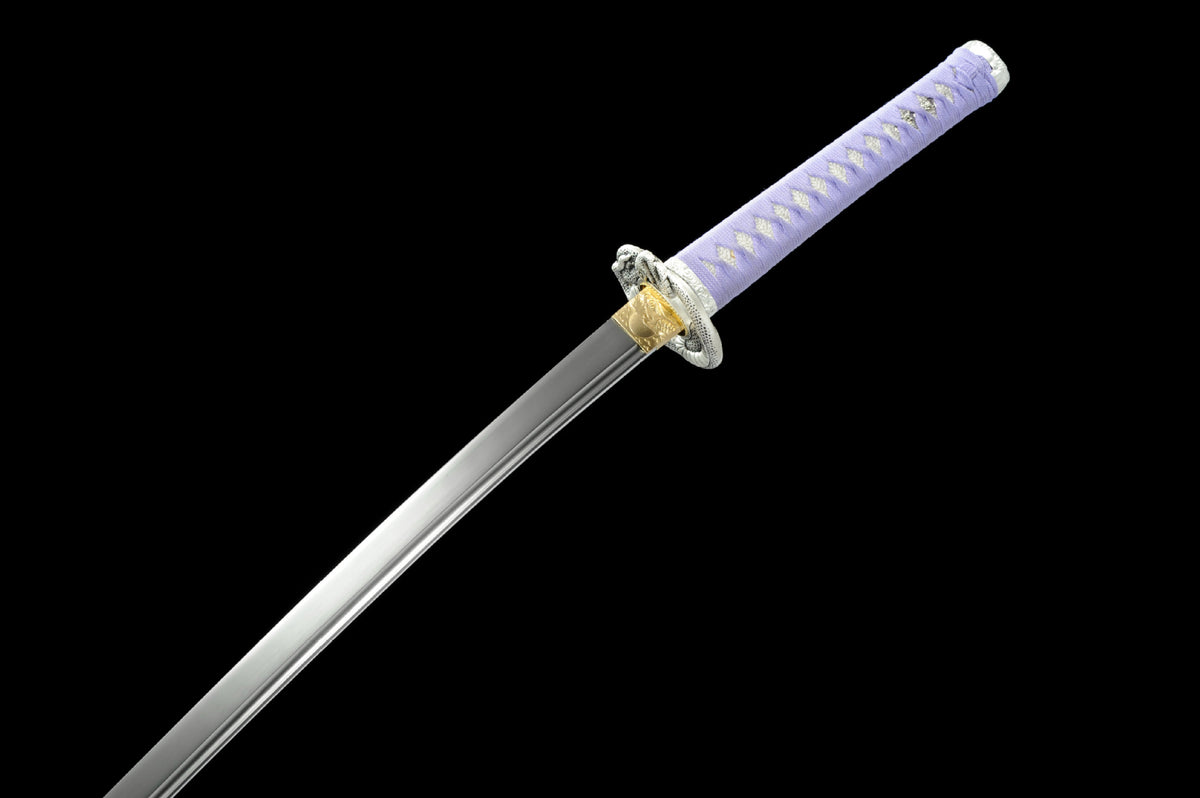 White Serpent Katana blade with bo-hi and lavender-wrapped tsuka
