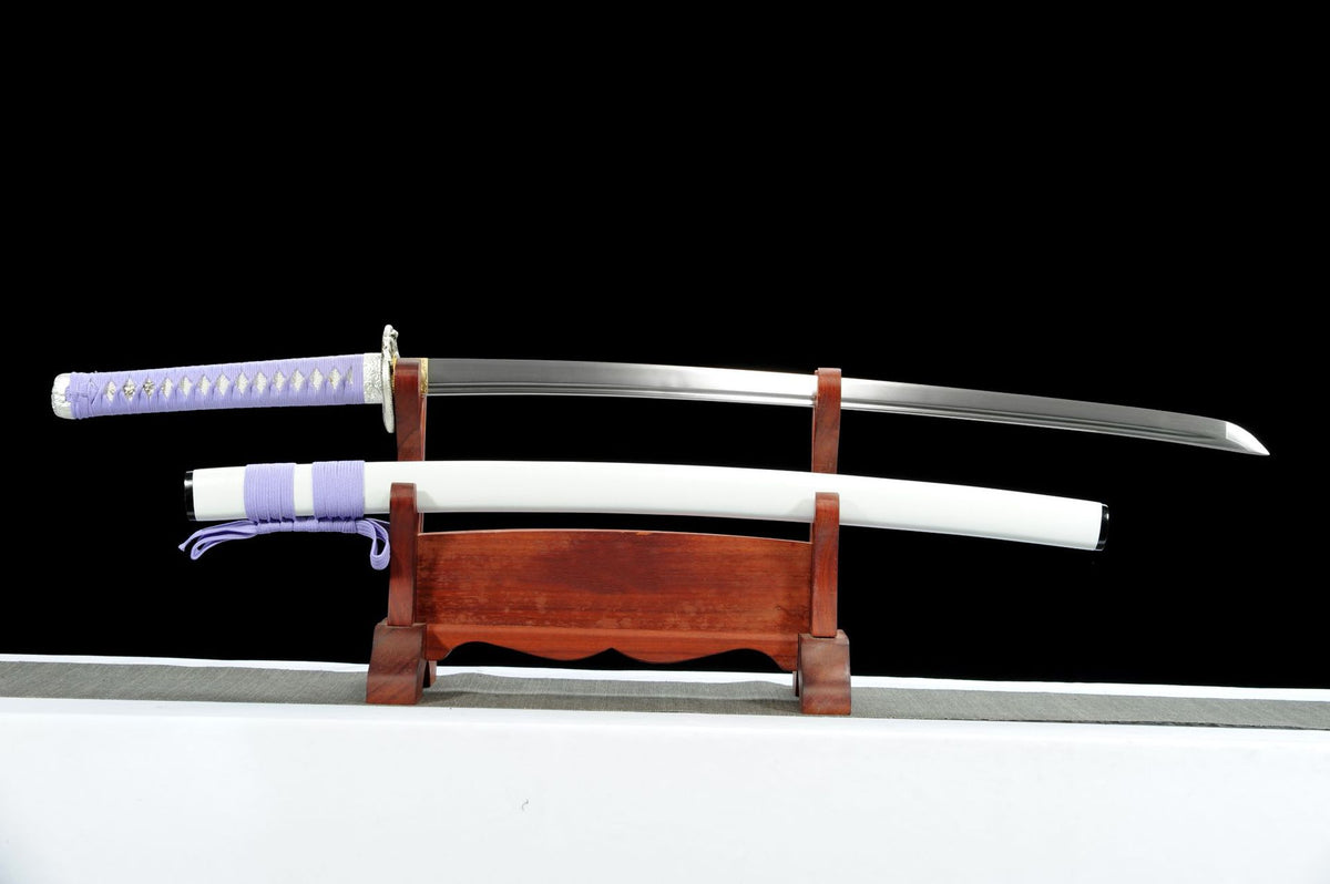 Unsheathed White Serpent Katana with 1045 steel blade and white saya