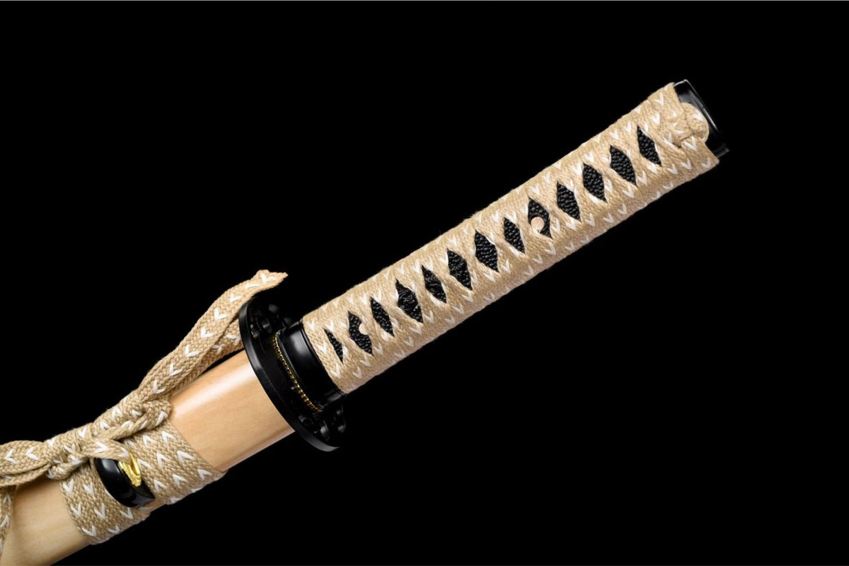 Woodheart Wakizashi handle wrap and black tsuba close-up