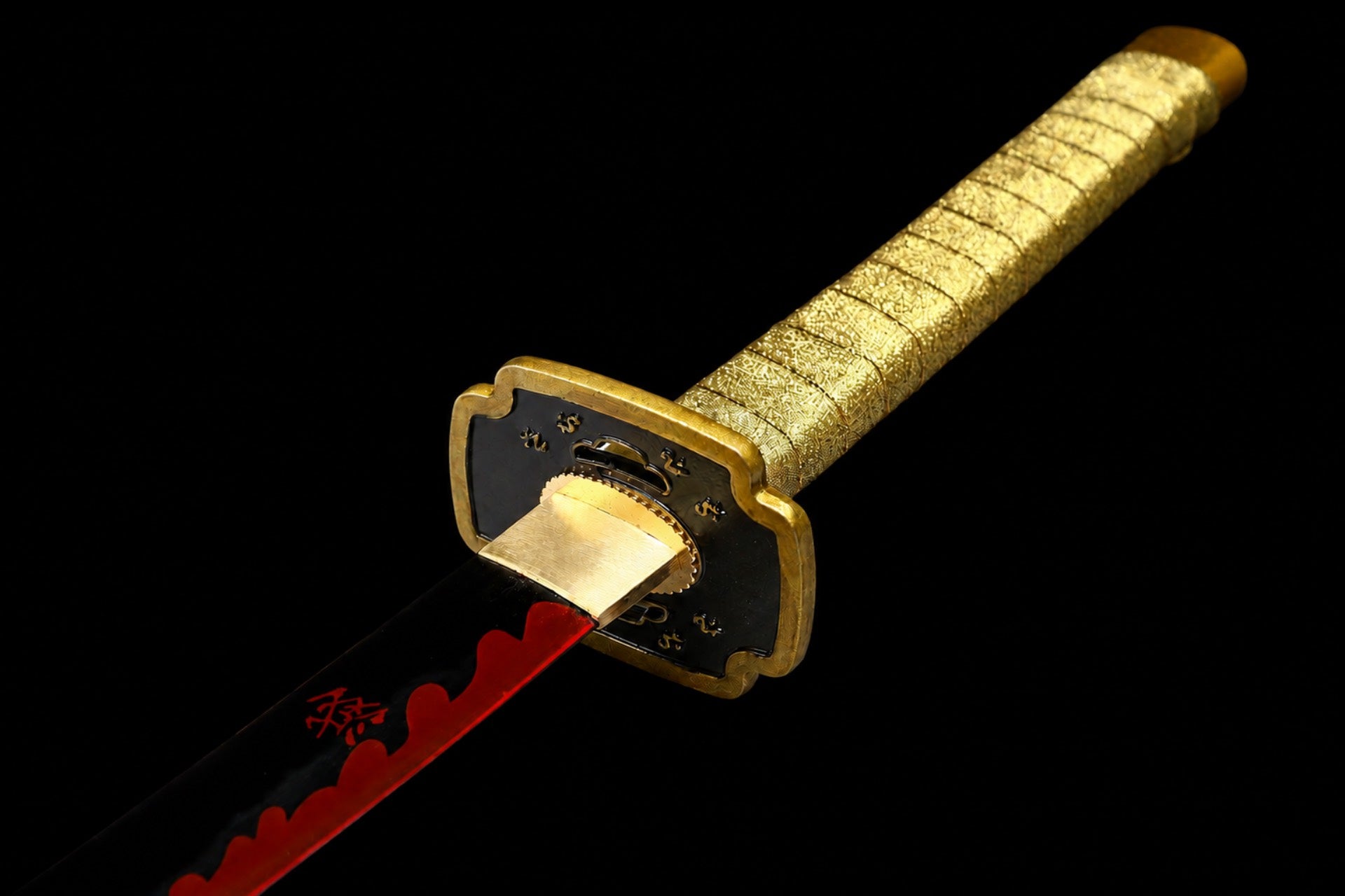 Black-and-gold Yoriichi Nichirin sword guard with red 灭 character detail on the blade