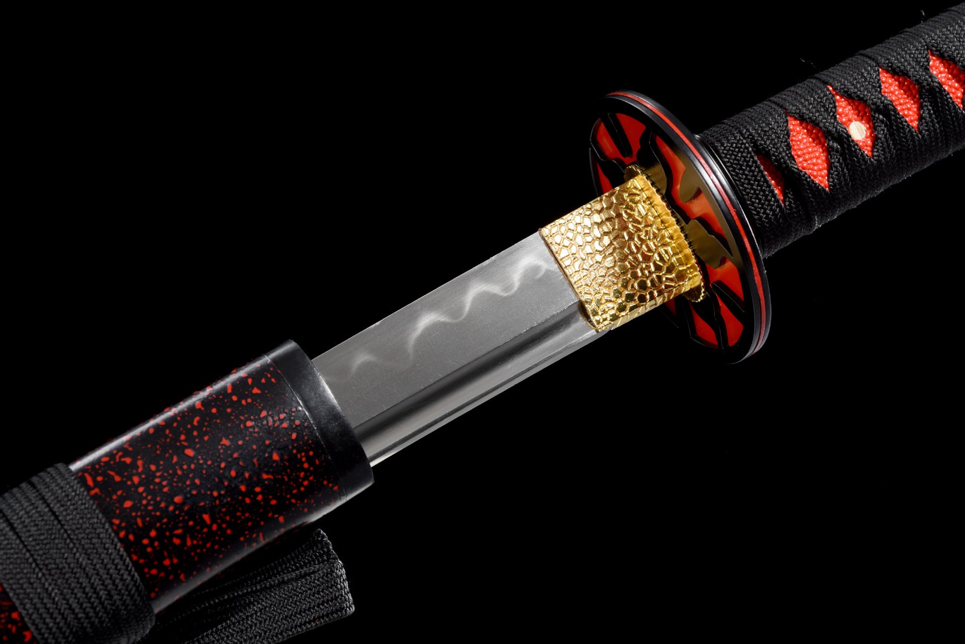 Close-up of the black-red detailing on the Black-Thorn katana highlighting the blade and handle design.