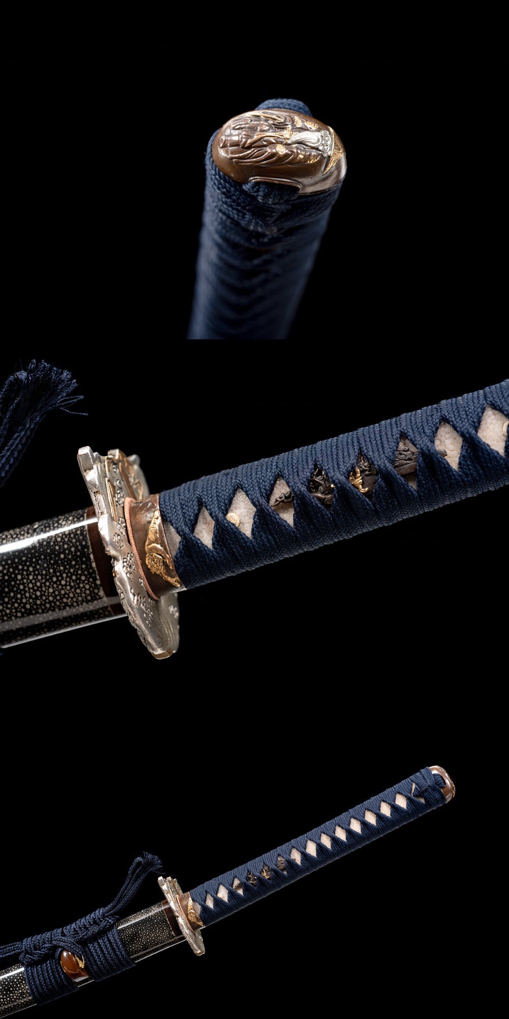 Detail view of the sword mountings on an Exorcism katana.