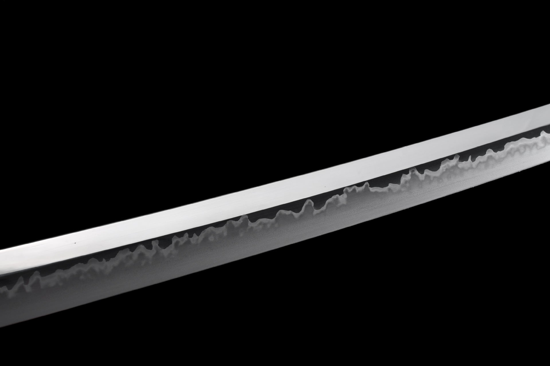 Detailed hamon and shinogi on Fire Kirin katana blade.