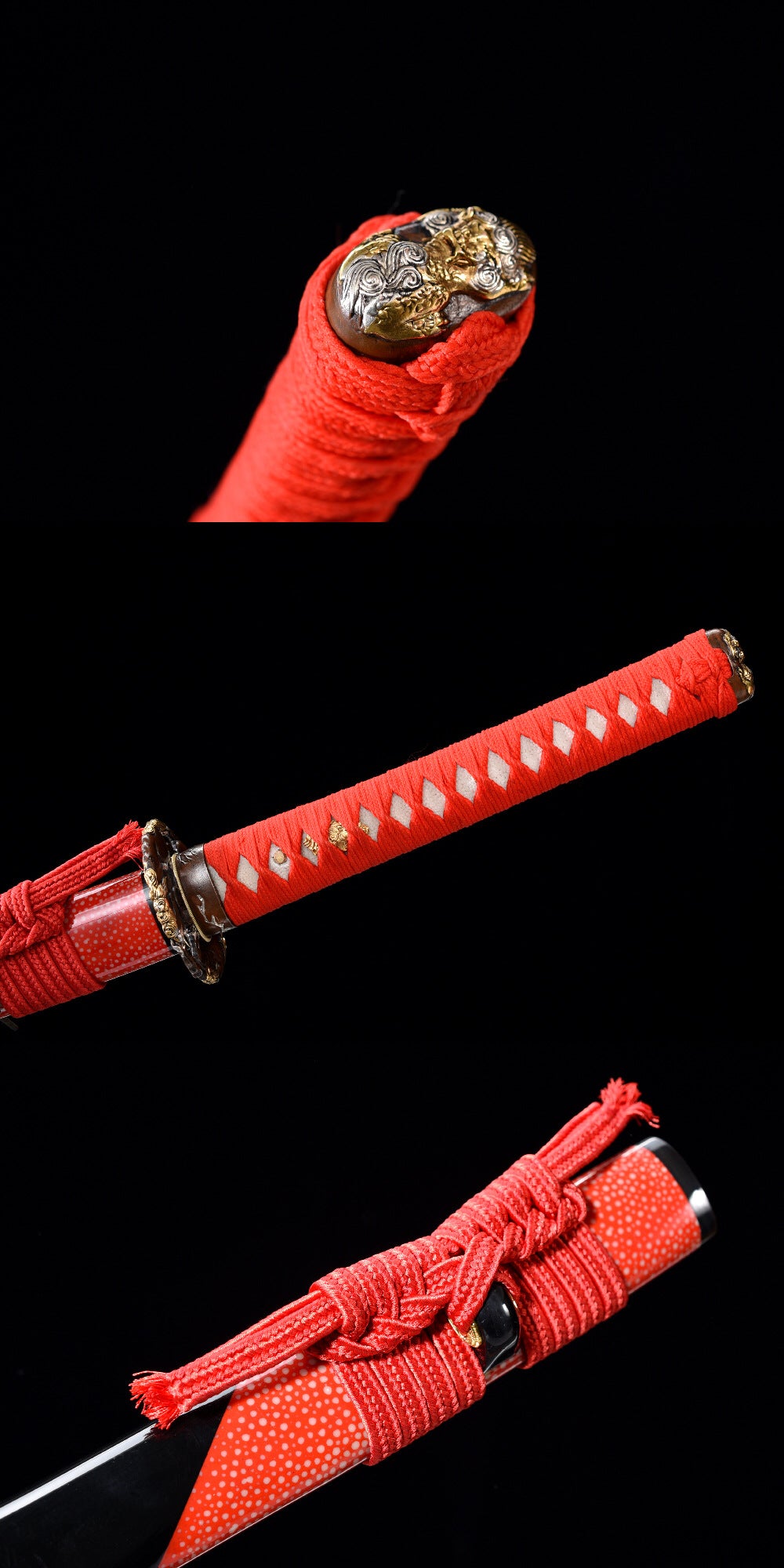 Sword mountings, ed tsuka, decorative kashira, and sageo on Fire Kirin katana.