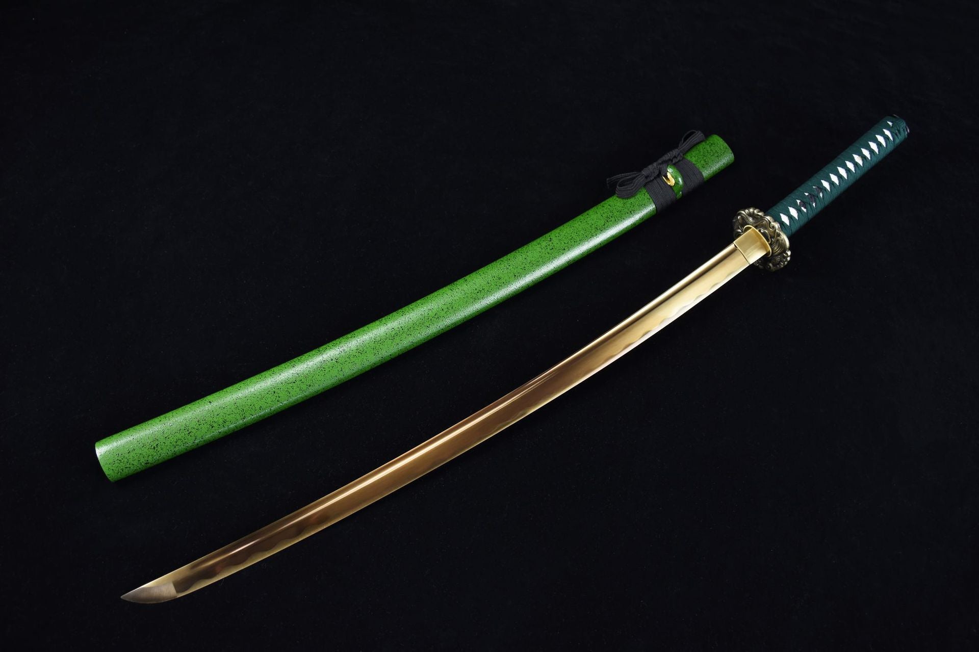 A carbon steel Samurai sword with a golden blade and a green Saya.