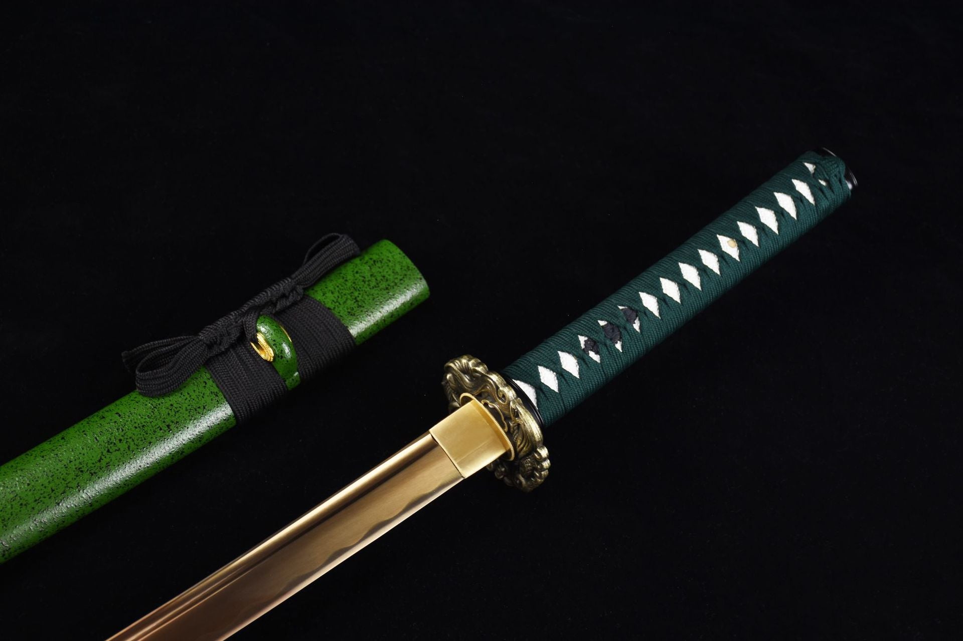 A golden samurai sword with a green scabbard on a black background.