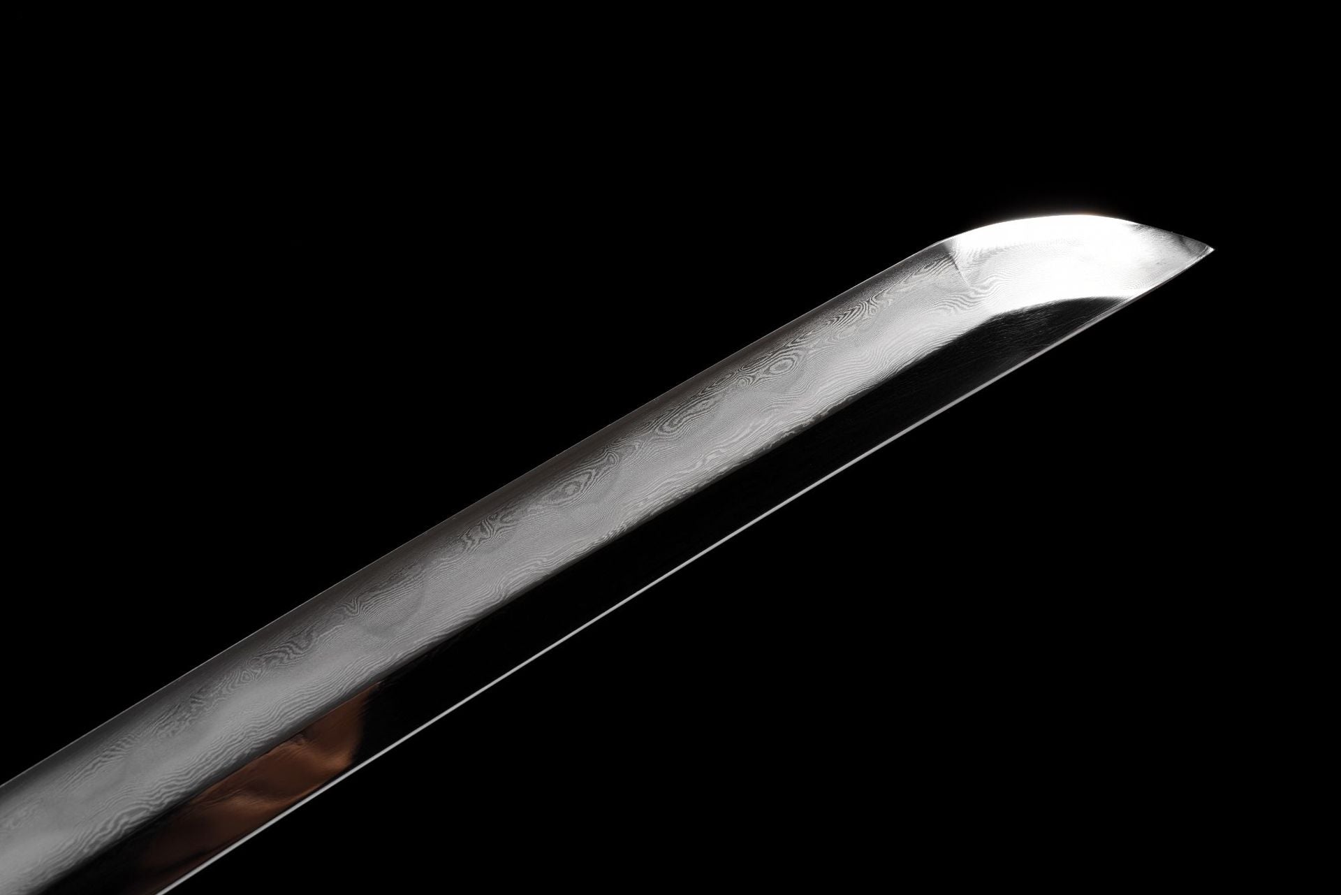 Damascus blade of the Immortal Crane katana, showcasing intricate patterns.