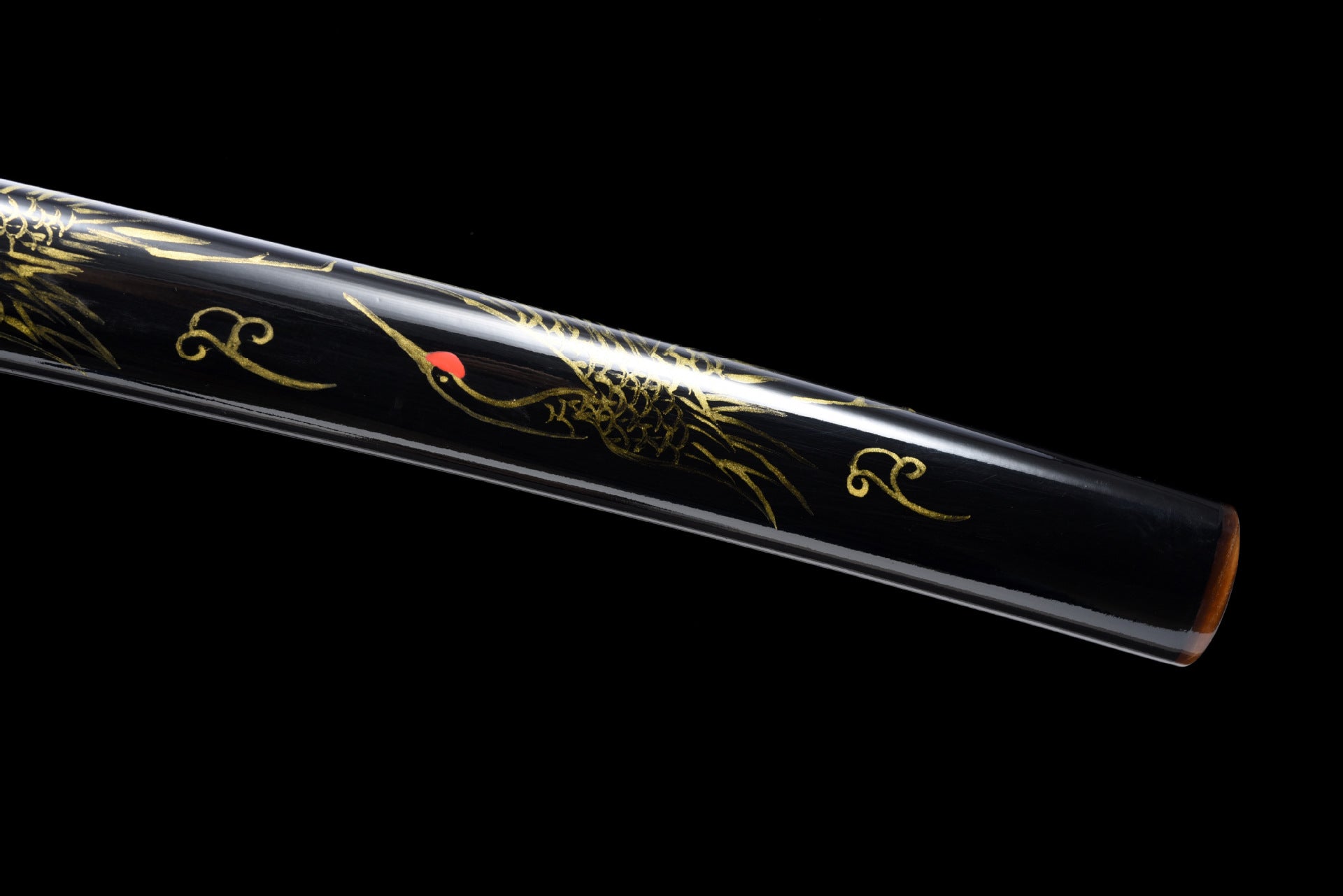 Gold crane design on the black scabbard of Immortal Crane katana.