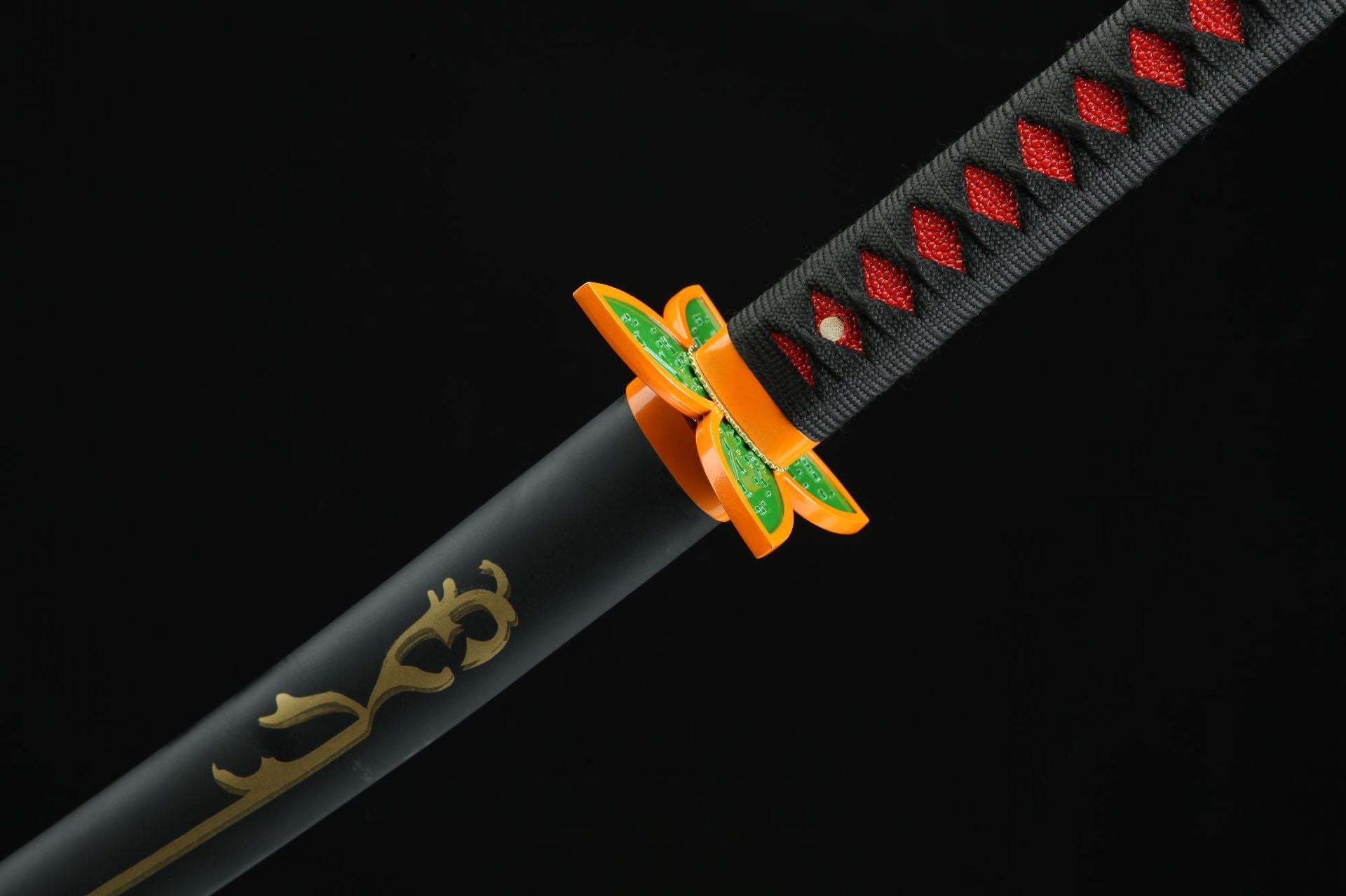 Insect Hashira's Nichirin sword handle, guard, and sheath from Demon Slayer, showcasing intricate design details.