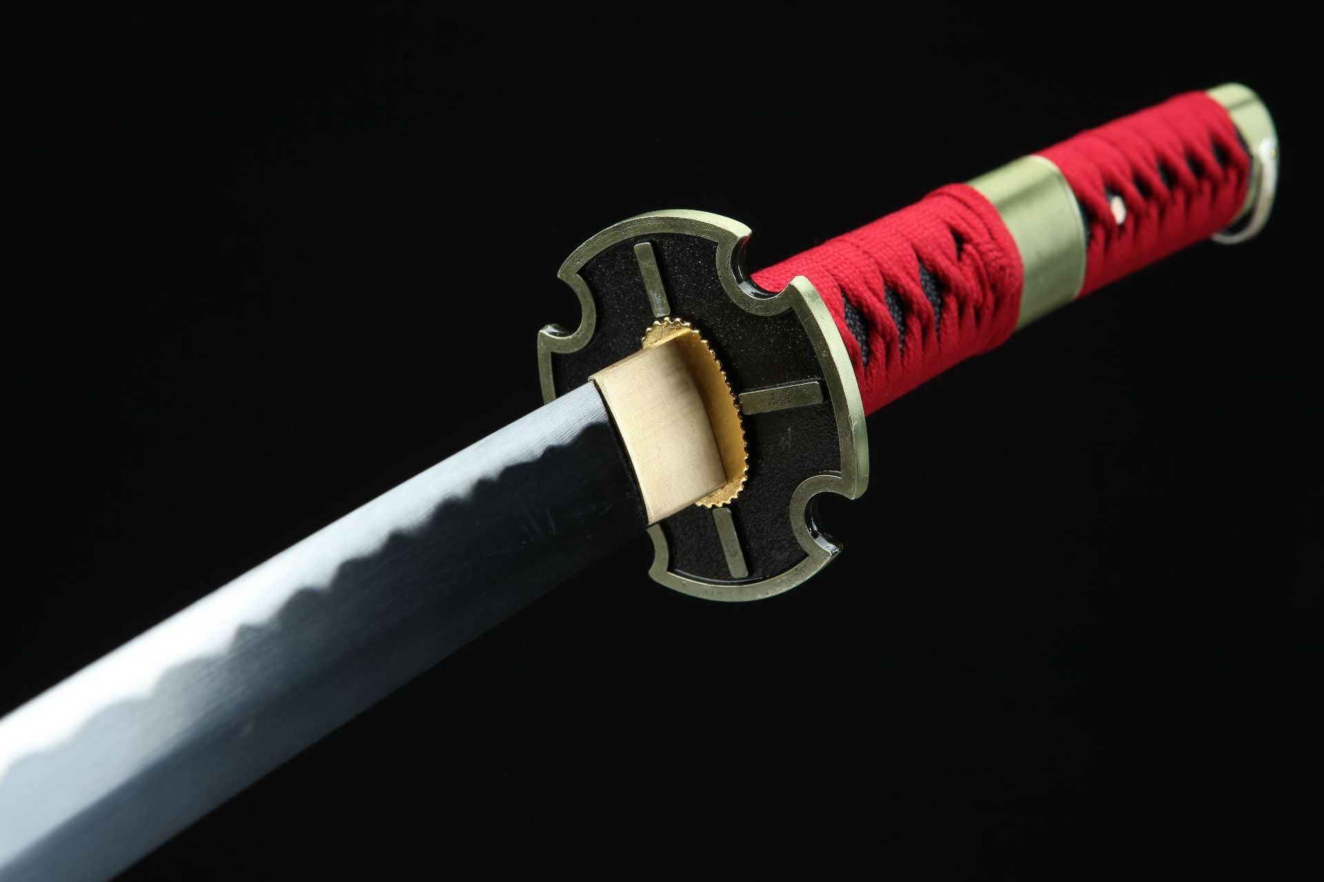 Close-up of Sandai Kitetsu, Zoro's sword from One Piece, featuring a red-wrapped handle, black blade, and gold-colored guard.
