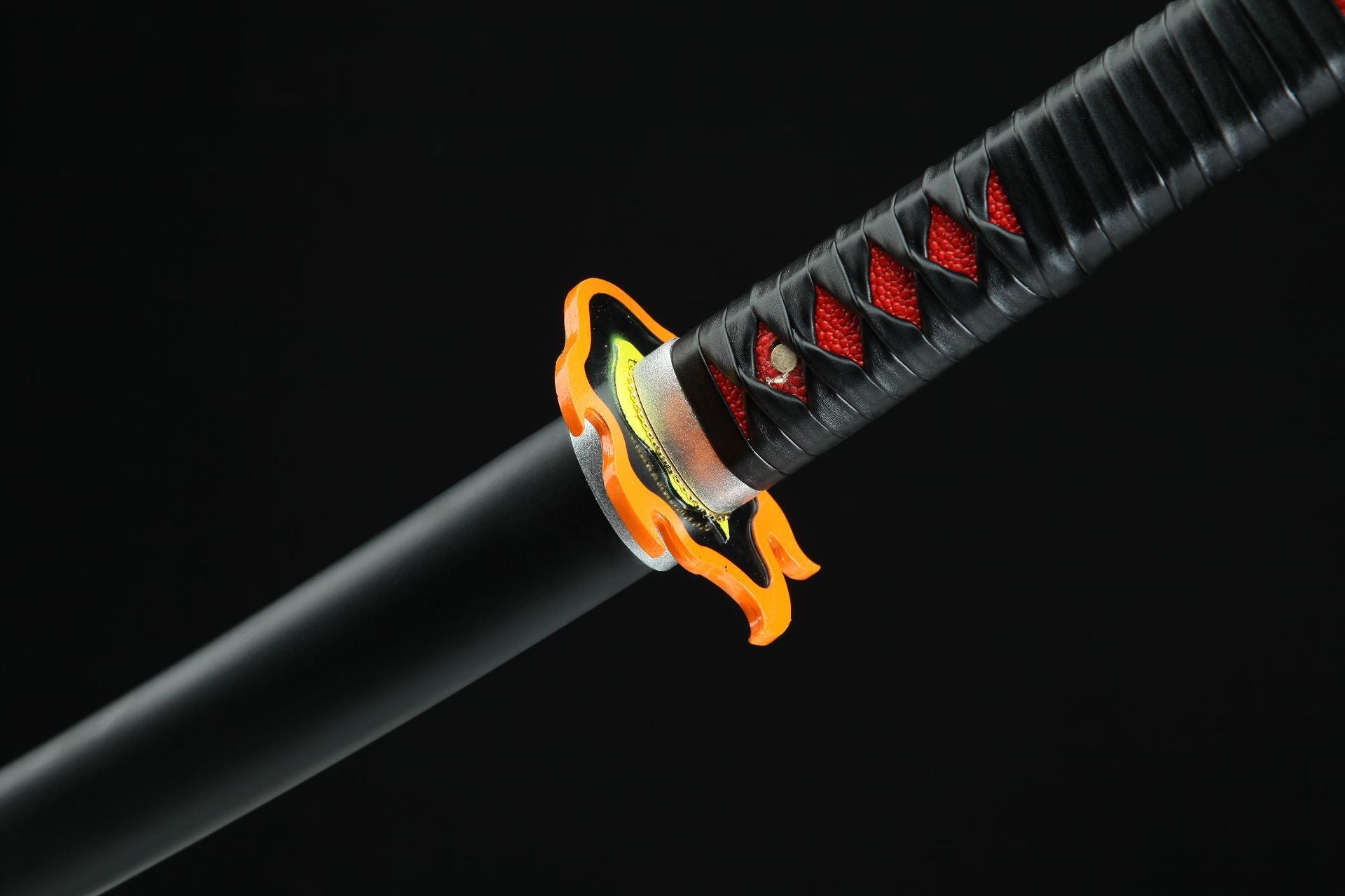 Detailed view of Tanjiro's Nichirin Blade featuring the Flame Hashira handguard, showcasing intricate designs and craftsmanship. Perfect for anime enthusiasts and sword collectors.