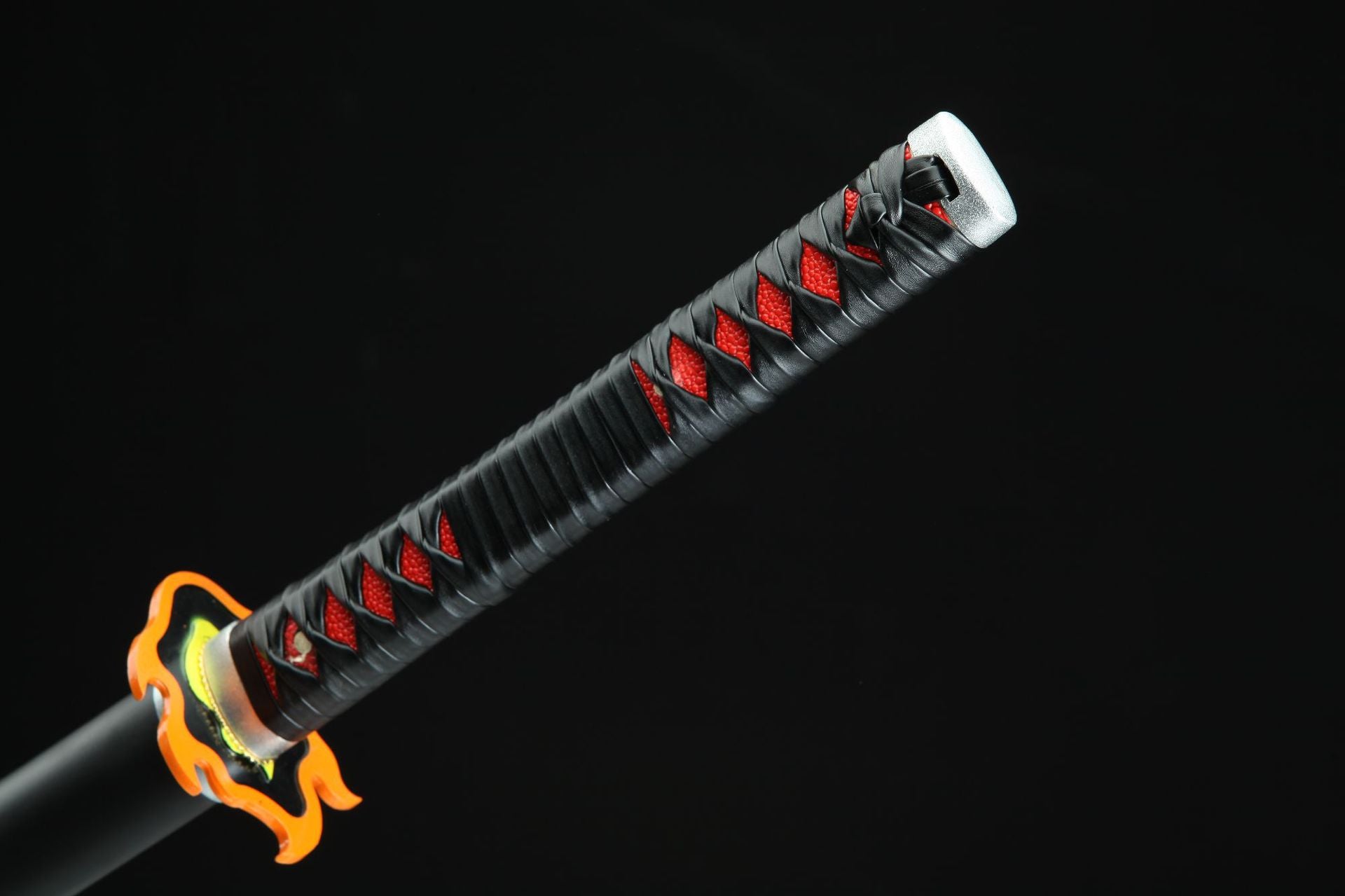 Close-up of Tanjiro's Nichirin Blade handle from Demon Slayer, featuring a black leather wrap for enhanced grip and style. Ideal for collectors and fans of anime swords.
