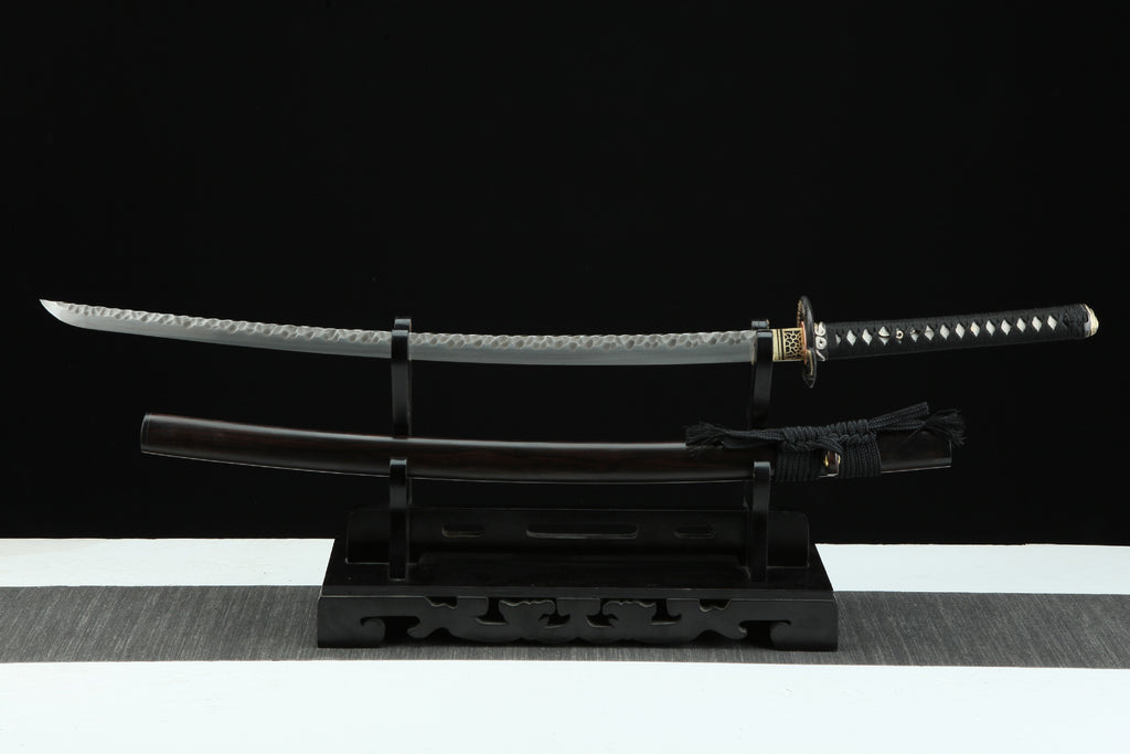 Hebi katana displayed on a wooden stand with detailed view of blade and koshirae.