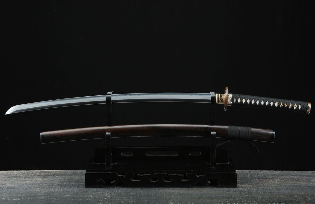Full display of the Dragon Warrior Katana's Damascus steel blade and koshirae.