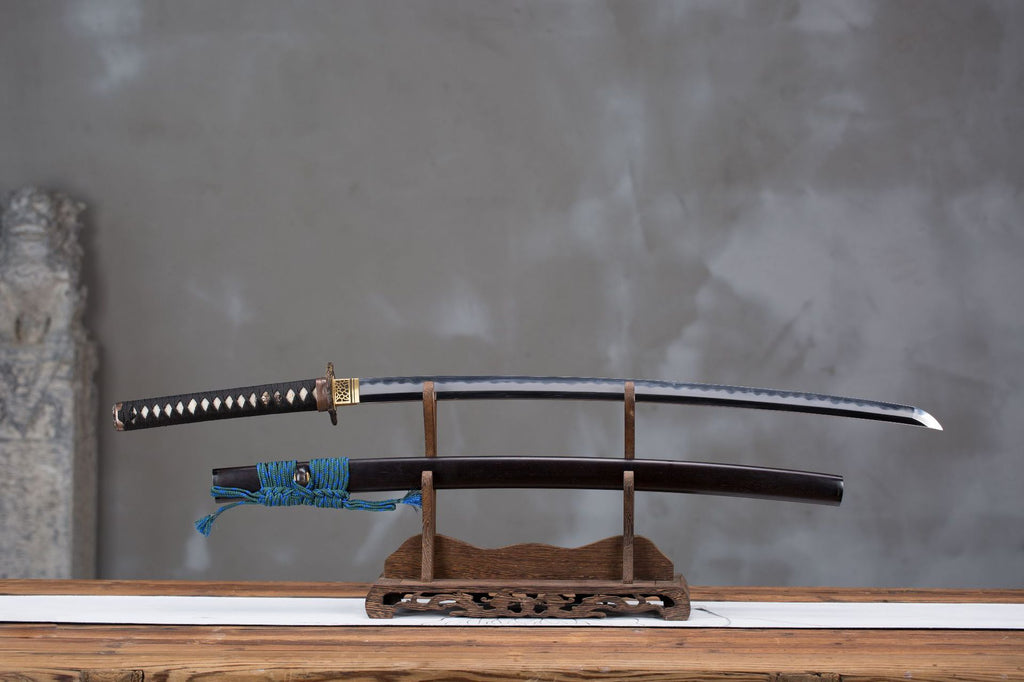 Meditation katana displayed with a full blade detailed tsuba and visible tsuka.
